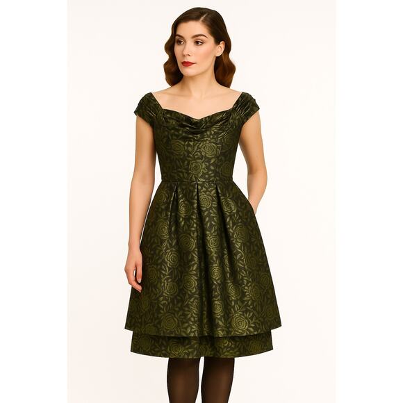 Vintage 1950s Olive Gold Brocade Cocktail Dress with Boned Bodice XS - Picture 1 of 17